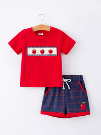 Back to school apple boys set: red tee with apple patch and navy plaid shorts.