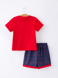 Red boys' short-sleeve top with navy plaid shorts from Back To School Apple Set Plaid Shorts