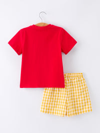 Red boys' short-sleeve top paired with yellow plaid shorts, back-to-school outfit set.