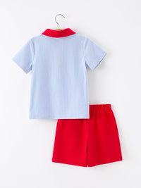 Blue and white striped polo shirt with red collar and red shorts, boys' back-to-school two-piece set.