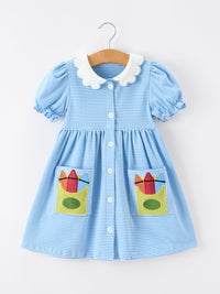 Girls Back To School Pencil Dress Petals Collar Pocket Applique featuring a blue striped pattern with colorful pencil appliqué pockets and a charming Petals Collar.