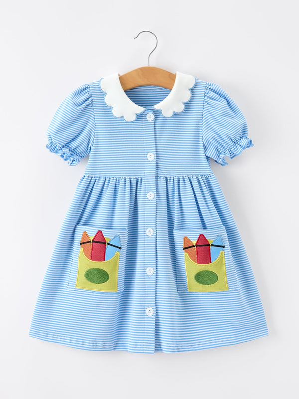 Girls Back To School Pencil Dress Petals Collar Pocket Applique featuring a blue striped pattern with colorful pencil appliqué pockets and a charming Petals Collar.