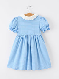 Back view of the Girls Back To School Pencil Dress Petals Collar Pocket Applique showing a beautiful blue striped design with a gathered skirt.
