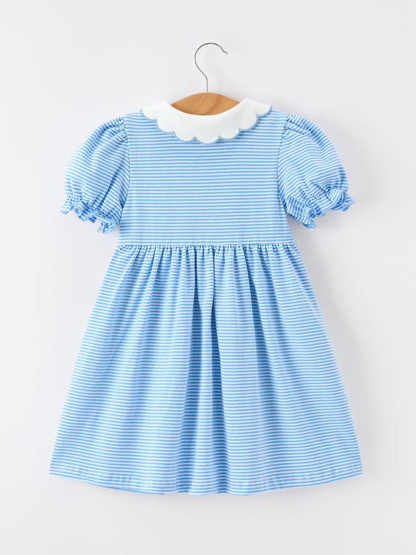 Back view of the Girls Back To School Pencil Dress Petals Collar Pocket Applique showing a beautiful blue striped design with a gathered skirt.