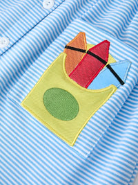 Detailed view of the colorful pencil appliqué pocket on the Girls Back To School Pencil Dress Petals Collar Pocket Applique, perfect for little treasures.