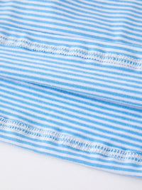 Close-up of the fabric detail from the Girls Back To School Pencil Dress with blue and white striped pattern, showcasing the soft, comfortable texture ideal for young fashionistas.
