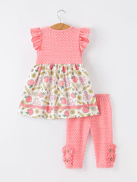 Girls back-to-school pink polka-dot dress with Apple Pencil print skirt and matching pink polka-dot leggings