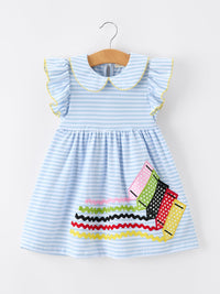 Blue striped twirl dress for girls with ruffle yellow-trim puff sleeves, petal collar, and colorful crayon applique.