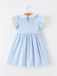 Girls back-to-school crayon dress with blue-and-white stripes, puff sleeves, and yellow-trim petal collar.