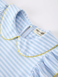 Blue and white striped dress with a yellow scalloped petal collar applique.