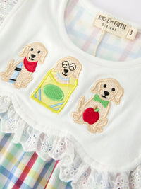 Girls Back To School Dog Plaid Twirl Dress with embroidered dogs on white bodice, pastel plaid skirt.