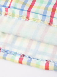 Pastel plaid fabric for Girls Back To School Dog Plaid Twirl Dress with seam stitch detail.