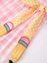 Girls pencil-plaid twirl dress with bow petals collar, pink plaid fabric and yellow polka-dot belt