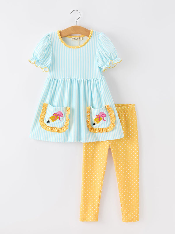 Girls Back To School Pencil Applique Top Leggings Set Pockets - The Palm Beach Baby Rylee Faith Designs