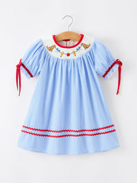 Back To School Apple Pencil Embroidery Dress for Girls with blue stripes, white embroidered yoke and red trim.