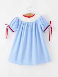Back To School Apple Pencil Embroidery Dress for Girls with embroidered yoke, blue stripes and red trim, SKU DRG