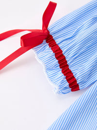 Back To School Apple Pencil Embroidery Dress for Girls - blue striped dress with red waist ribbon