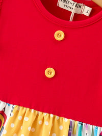 Girls Back To School Pencil Patchwork Twirl Dress: red bodice with yellow buttons and colorful patchwork skirt.