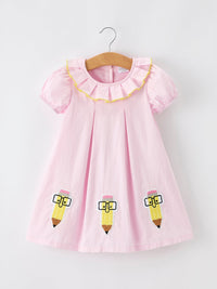 Girls Back To School Dress - Pink Pencil Applique Ruffle Collar Design showcasing its playful style and soft cotton material.