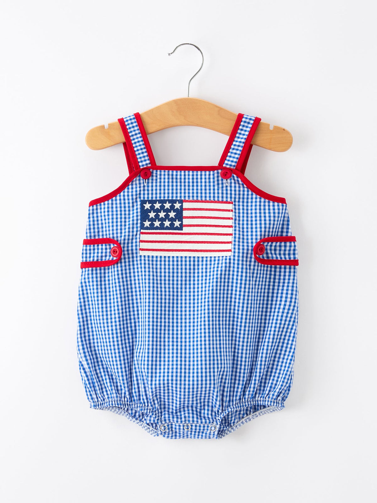 4th of July Flag Blue Check Baby Girl Romper Plaid - The Palm Beach Baby Rylee Faith Designs