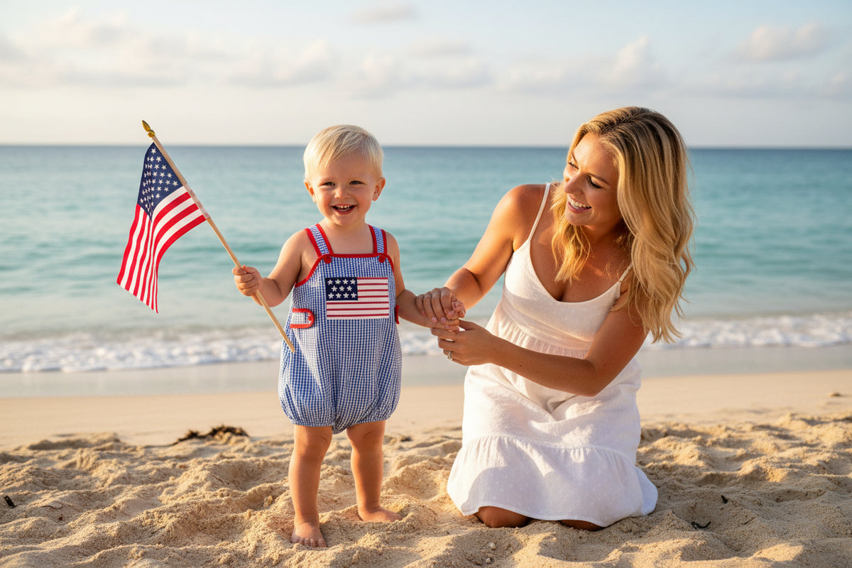 4th of July Flag Blue Check Baby Girl Romper Plaid - The Palm Beach Baby Rylee Faith Designs