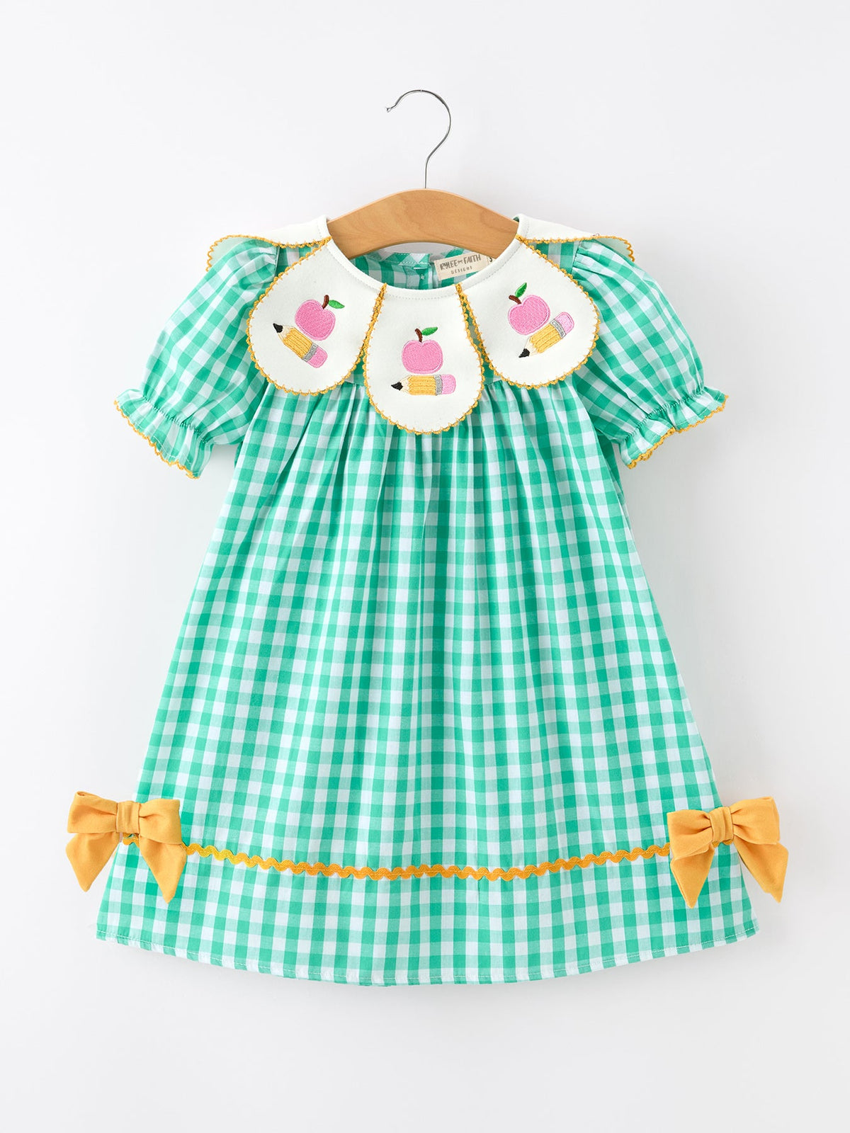 Back to School Apple Pencil Applique Girls Dress featuring a stylish petals collar, perfect for young learners as a back to school dress.