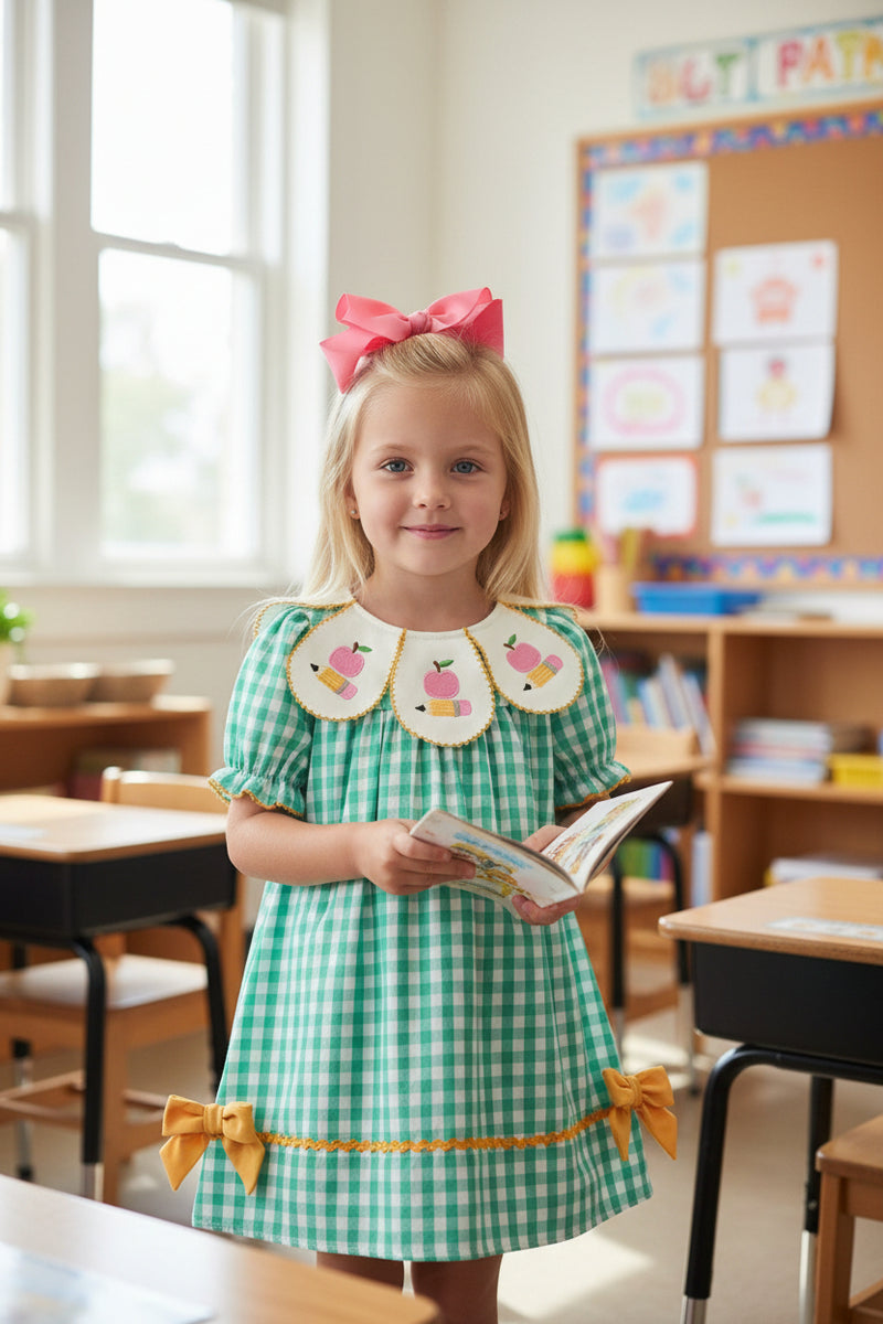 Back to School Apple Pencil Applique Girls Dress featuring a stylish petals collar, perfect for young learners as a back to school dress.
