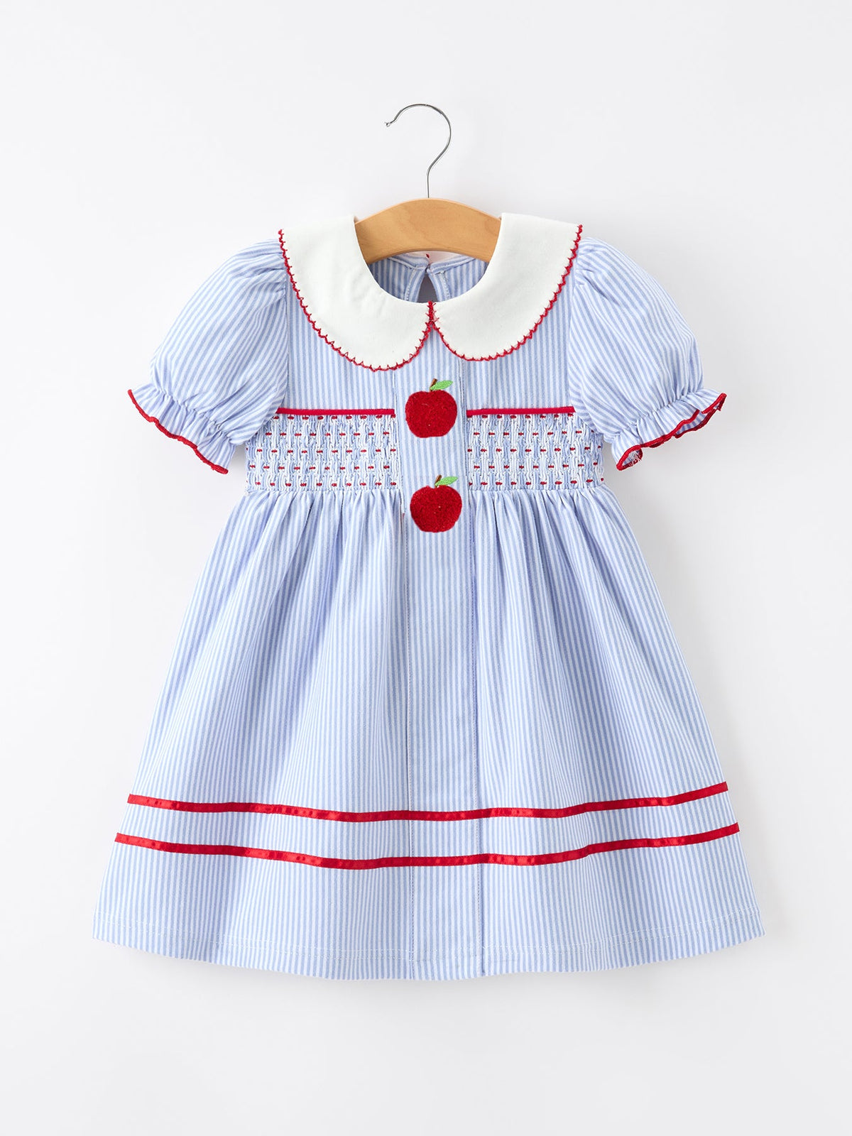 Adorable Girls Back to School Dress with Apple Chenille Patches & Petals Collar featuring playful apple chenille patches and a classic Peter Pan collar, perfect for a school year look.
