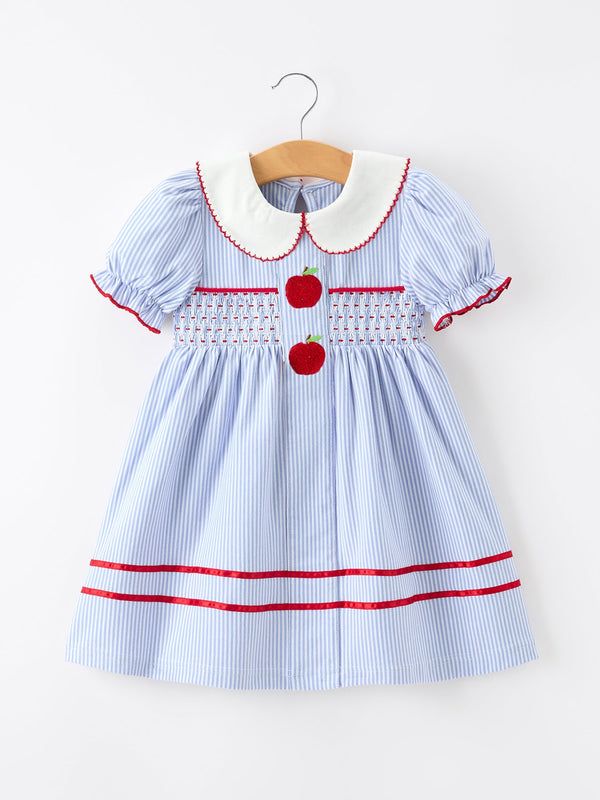 Adorable Girls Back to School Dress with Apple Chenille Patches & Petals Collar featuring playful apple chenille patches and a classic Peter Pan collar, perfect for a school year look.