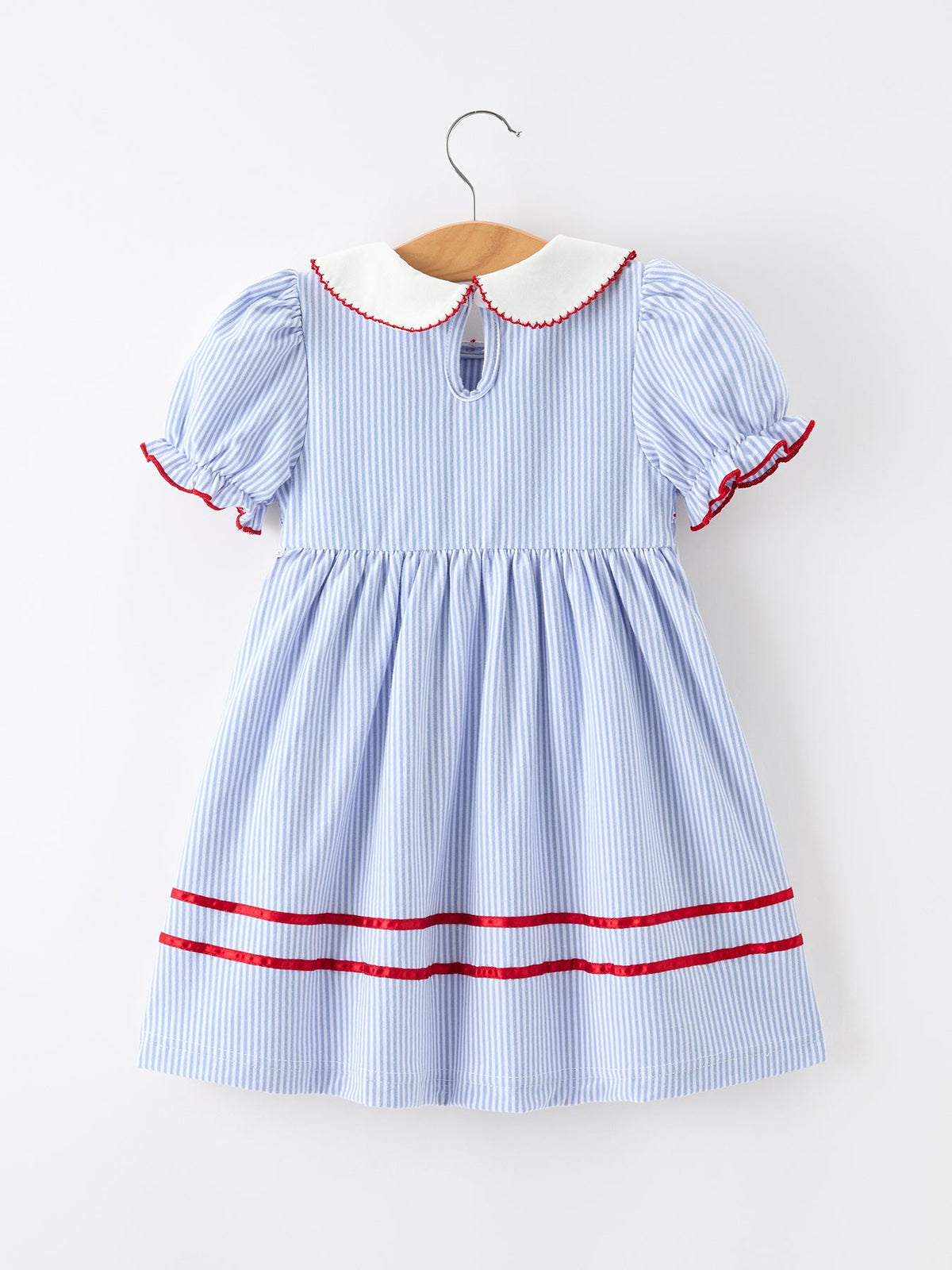 Close-up of the Adorable Girls Back to School Dress with Apple Chenille Patches & Petals Collar showing the delicate smocked detailing and puff sleeves designed for comfort and style.