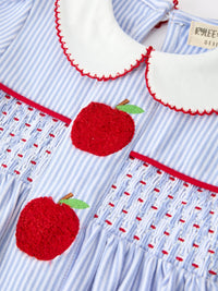 Display of the Adorable Girls Back to School Dress with Apple Chenille Patches & Petals Collar, highlighting the soft striped fabric and vibrant apple patches, great for back to school.
