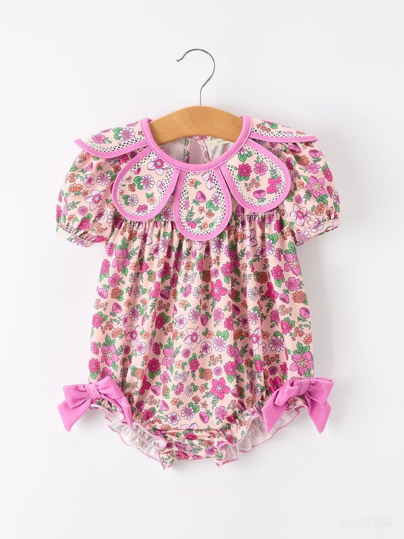 Pink Floral Bow Petals Collar Girls Romper - The Palm Beach Baby