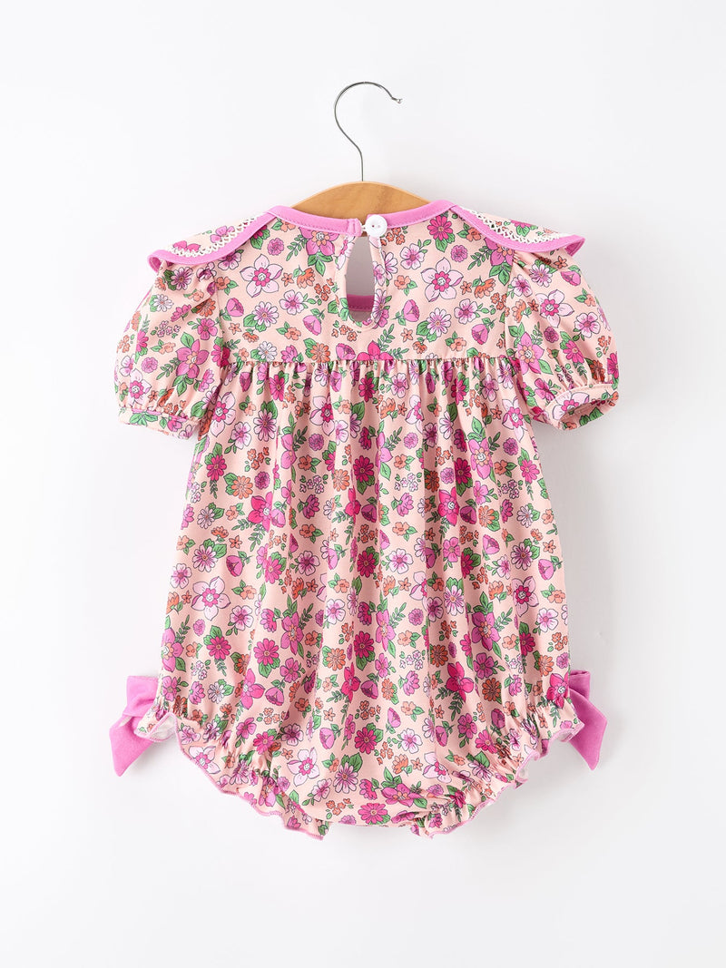 Pink Floral Bow Petals Collar Girls Romper - The Palm Beach Baby
