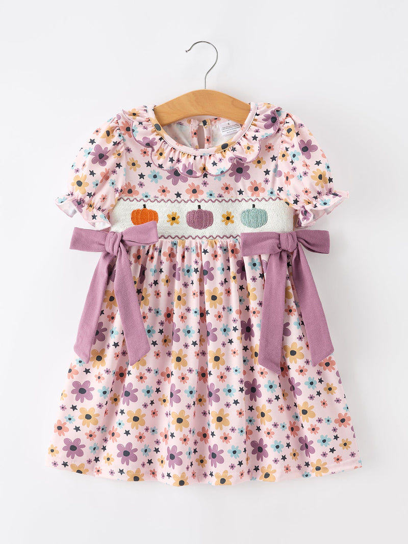 Halloween Thanksgiving Pumpkin Floral Bow Girls Dress - The Palm Beach Baby