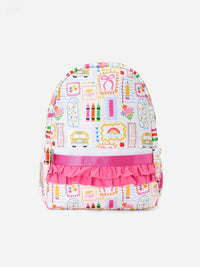 Back to School Print Girls Backpack Ruffle Bag with pink ruffle and colorful school-themed pattern.