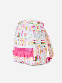 Back to School Print Girls Backpack Ruffle Bag by Rylee Faith Designs with pink ruffle trim and colorful doodle pattern