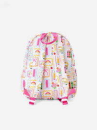 Back to School Print Girls Backpack Ruffle Bag with pink straps and colorful school-themed graphics.