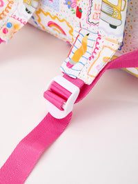 Back to School Print Girls Backpack with pink strap and ruffle detailing