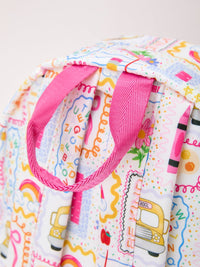 Back to School Print Girls Backpack Ruffle Bag by Rylee Faith Designs with pink straps.