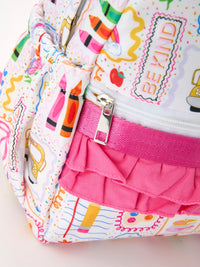 Back to School Print Girls Backpack Ruffle Bag with colorful pencils print, pink zipper, and ruffle pocket.