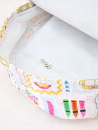 Back to School Print Girls Backpack Ruffle Bag with colorful pencils print and white interior zipper pocket