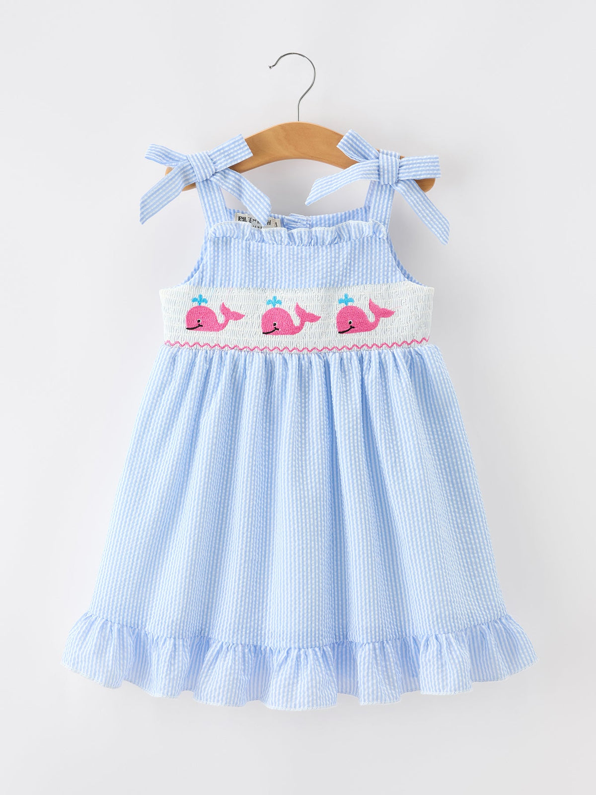 Whale Embroidered Smocked Seersucker Girls Dress Bow