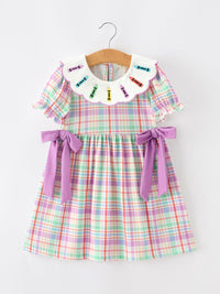 Girls School Dress with Crayon Embroidery and Puff Sleeves, featuring a playful plaid design for back to school.