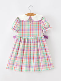 Close-up of Girls School Dress with Crayon Embroidery, showcasing the scalloped collar and cute puff sleeves.