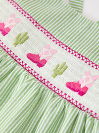 Western Boots Cactus Girls Dress Stripe with cotton, green stripes, and smocked panel embroidered with boots and cacti