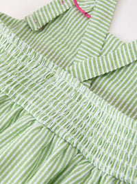 Green and white striped girls dress with smocked panel featuring western boots and cactus embroidery, 100% cotton.