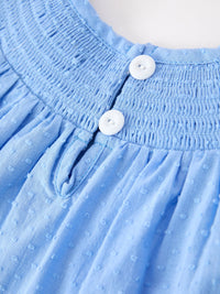 Close-up of blue smocked neckline on a baby dress with two white buttons.