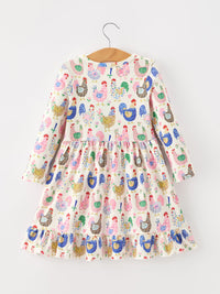 Fall Farm Chicken Print Girls Ruffle Hem Twirl Dress - The Palm Beach Baby