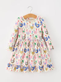 Fall Farm Chicken Print Girls Ruffle Hem Twirl Dress - The Palm Beach Baby