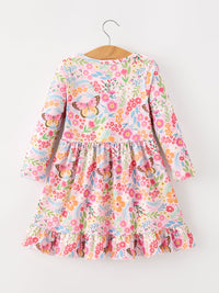 Fall Butterfly Floral Print Girls Ruffle Hem Twirl Dress - The Palm Beach Baby